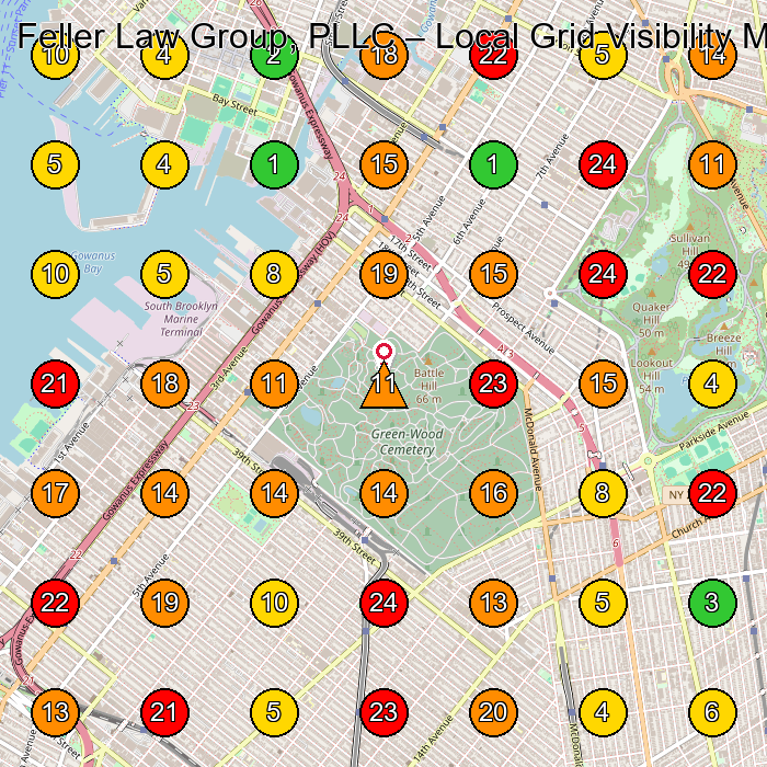 Feller Law Group, PLLC Legal Services GeoGrid ranking map for Brooklyn NY